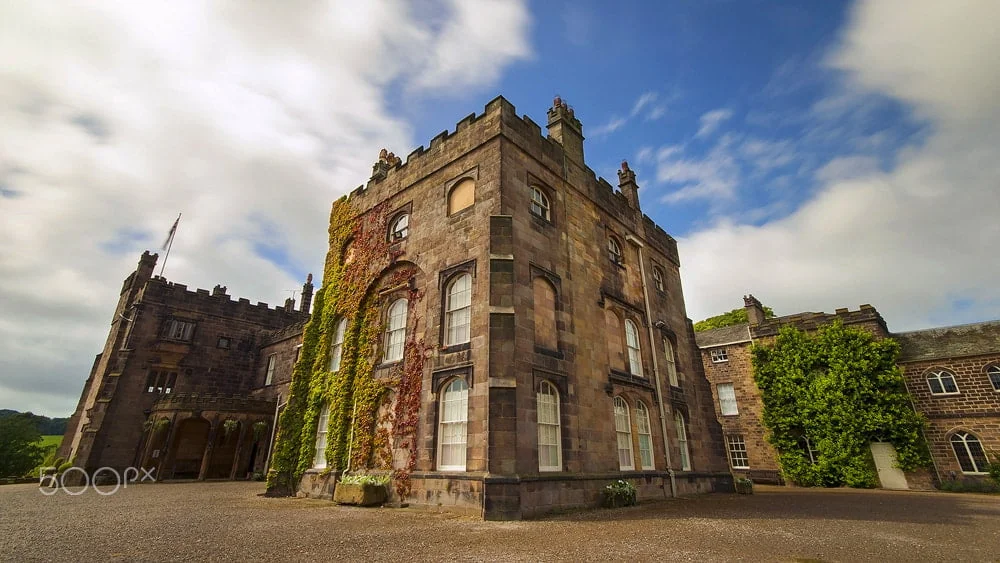 Ripley Castle in its full glory with view of the sky.