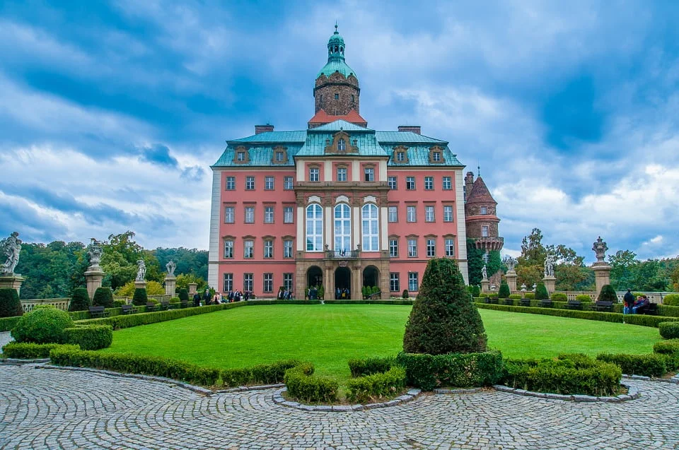 Front view of Ksiaz Castle where you can see the green grounds.